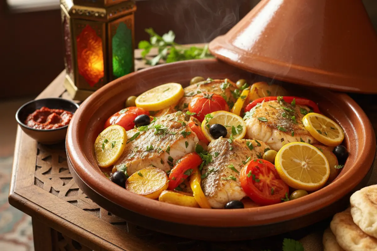 Fish Tagine with Potatoes and Peppers (Tagine Hout)