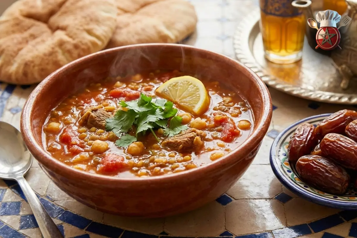 Bowl of traditional Moroccan harira soup with dates