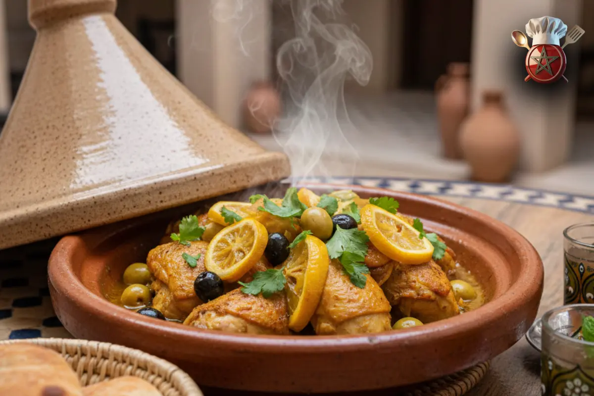 Traditional Moroccan chicken tagine with preserved lemons and olives